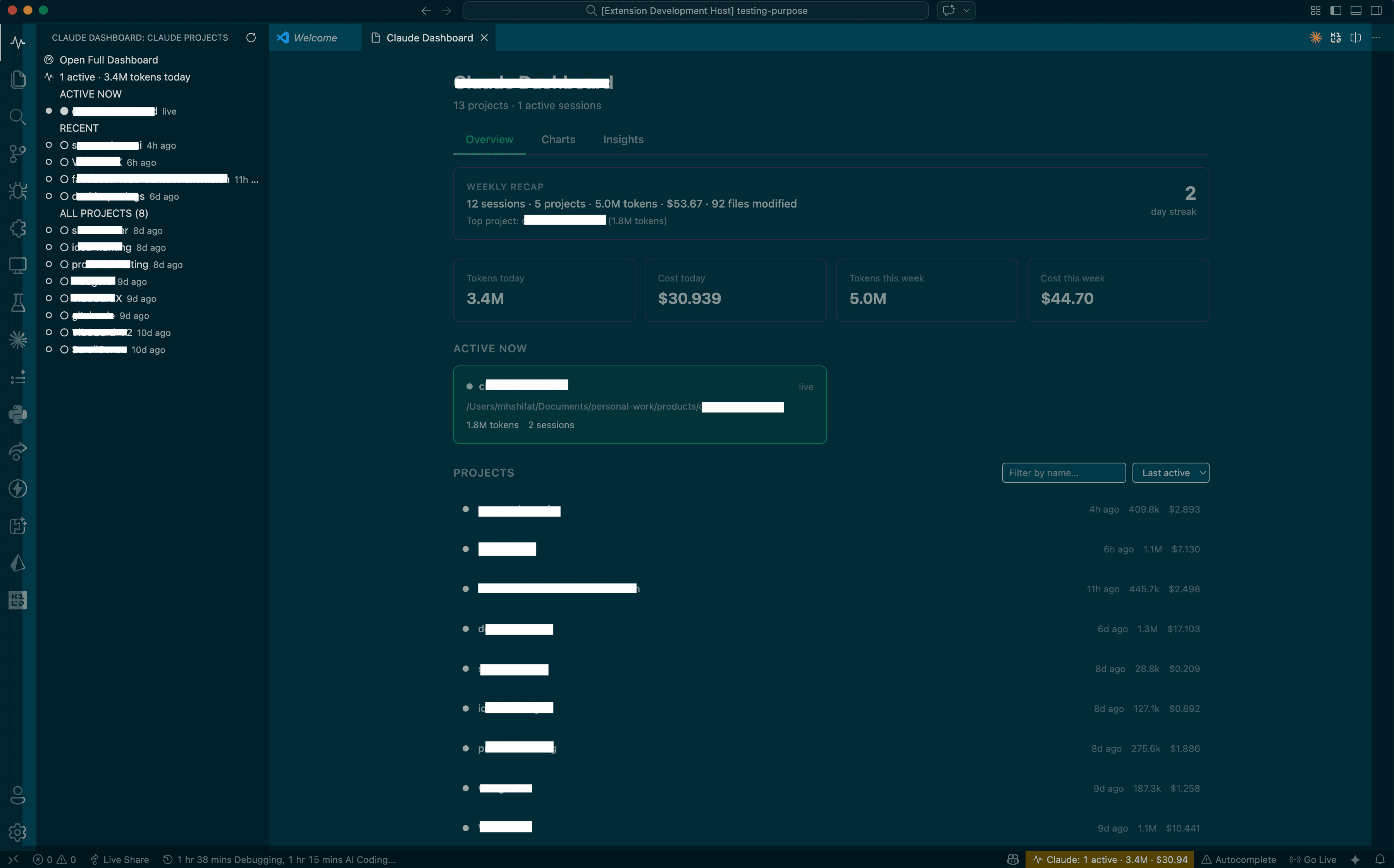 Claude Code Dashboard — overview of token usage, costs, and session analytics